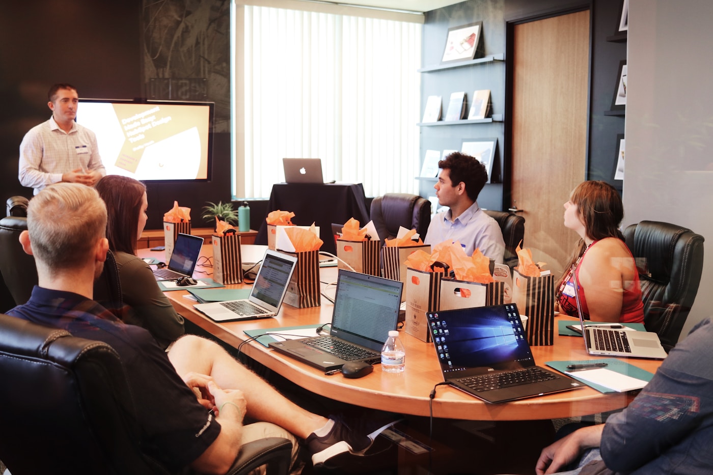 Business team reviewing growth strategy together