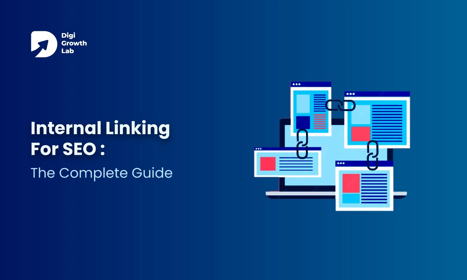 Illustration showing interconnected web pages linked with chains on a laptop screen, symbolizing internal linking for SEO with Digi Growth Lab branding.