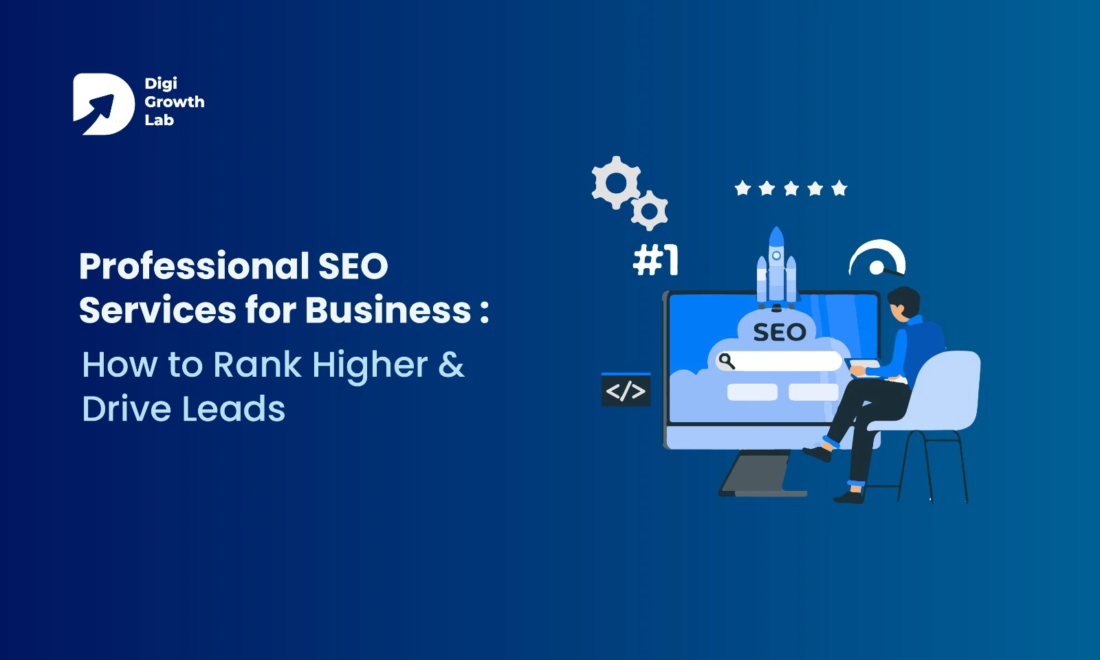 A cartoon graphic illustrating professional SEO services with a man working on a desktop computer, showing a rocket launching from the screen, the number #1, and a five-star rating, symbolizing higher rankings and business leads.