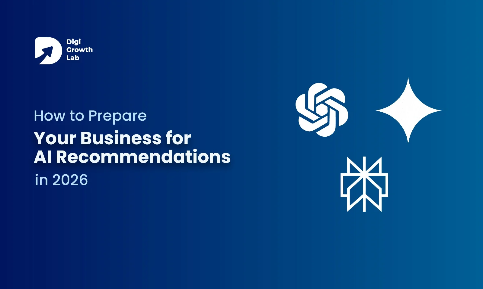 Banner image showing Digi Growth Lab branding with the title ‘How to Prepare Your Business for AI Recommendations in 2026’ alongside icons representing modern AI tools.
