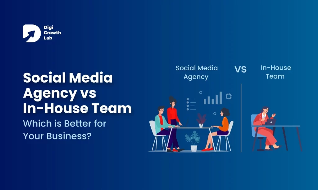 Social Media Agency vs In-House Team comparison graphic showing a marketing agency team collaborating versus an individual in-house employee working alone, highlighting which option is better for business growth.