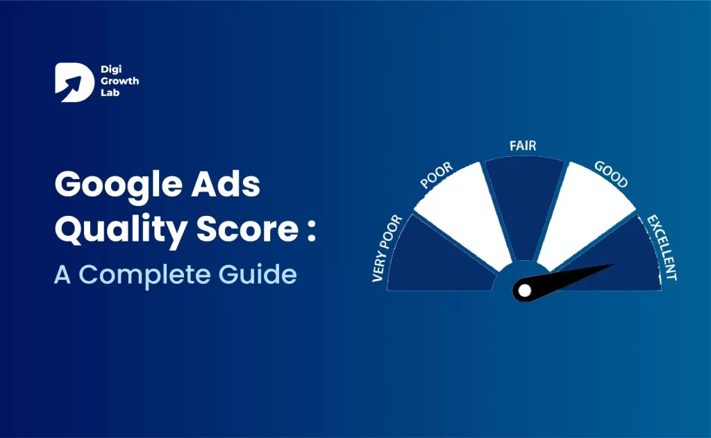 Google Ads Quality Score guide banner with performance gauge showing very poor to excellent levels and Digi Growth Lab branding on blue background