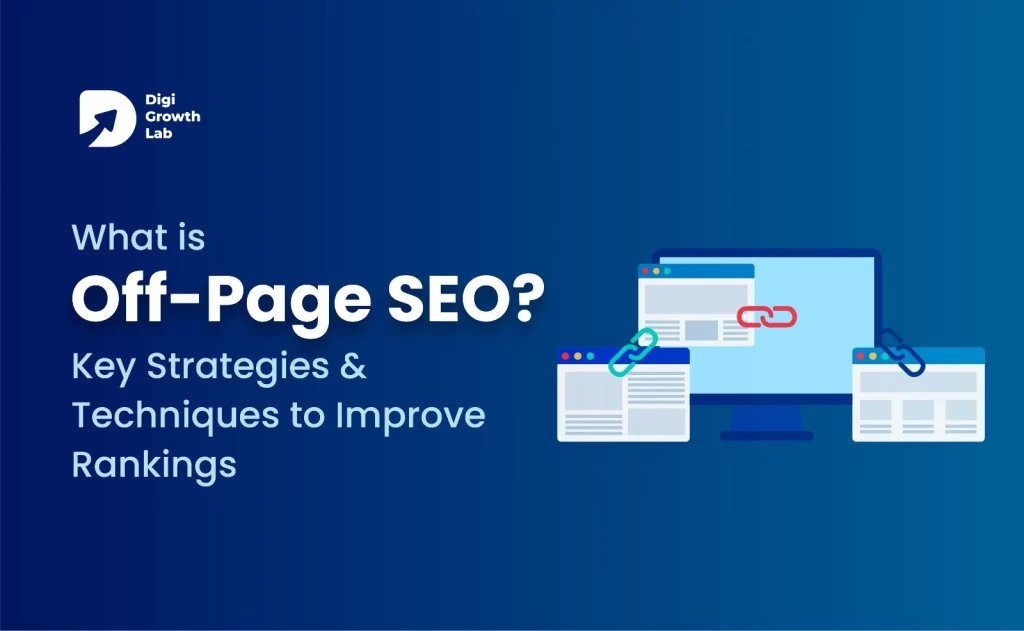 Off-page SEO concept illustration showing multiple websites connected with backlinks to improve search rankings, representing key off-page SEO strategies like link building, authority signals, and external website references for better Google visibility.