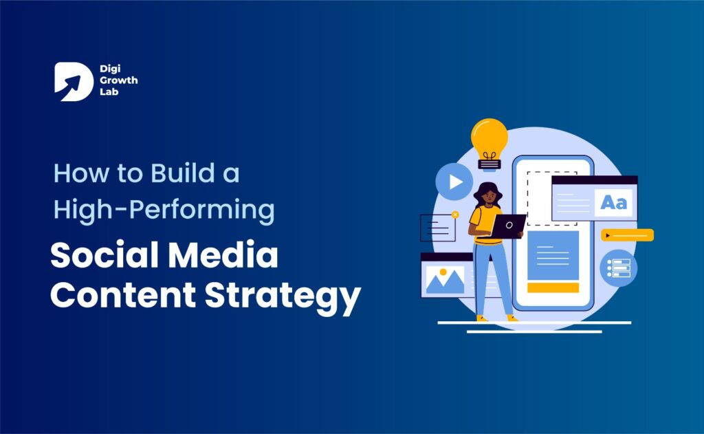 How to Build a High-Performing Social Media Content Strategy banner with Digi Growth Lab branding and illustration of content planning, mobile design, and digital marketing elements