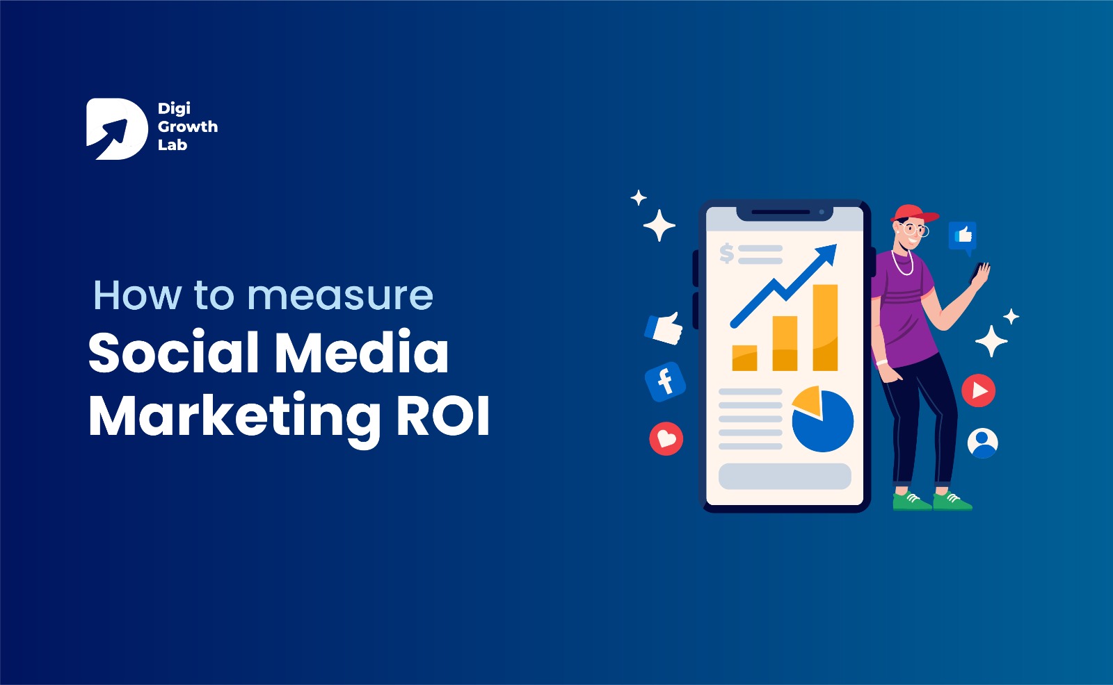 How to measure social media marketing ROI illustration with smartphone analytics dashboard showing revenue growth, charts, and social media icons, representing tracking performance, conversions, and return on investment for digital marketing campaigns.
